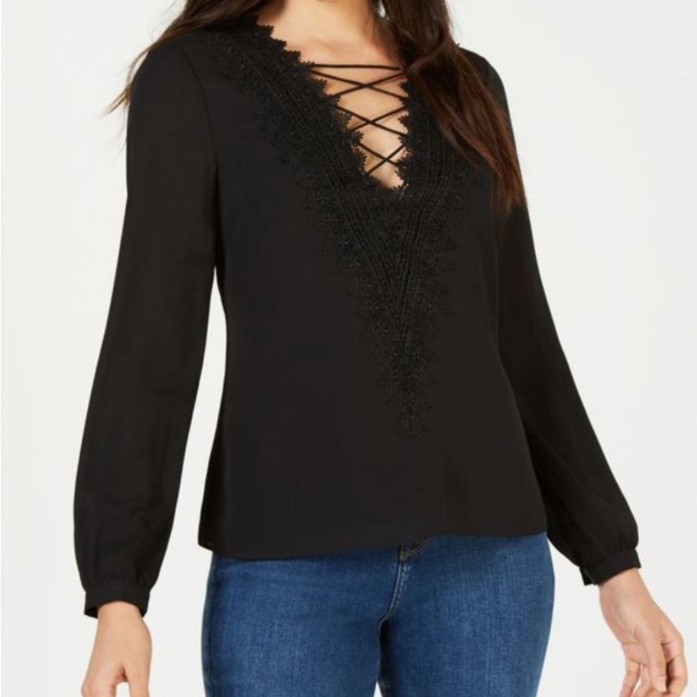 Leyden Womens Lace-Trim Pullover Top Blouse, Black, Medium